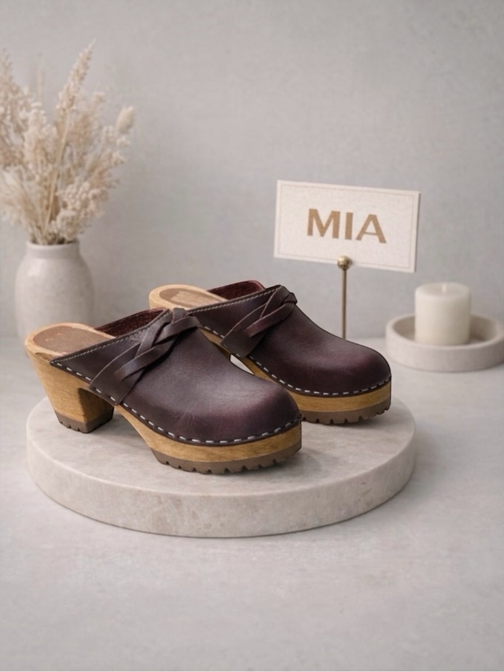 MIA Elsa Swedish Wooden Clogs Burgundy Leather EU 39 US 8.5 9 Chunky Mule